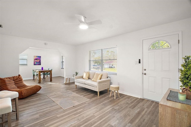 living room with ceiling fan and hardwood / wood-style floors