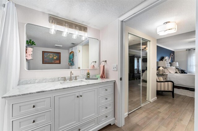 bathroom with wood-type flooring, vanity, and a textured ceiling