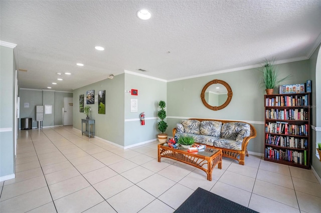 living room featuring crown molding, a textured ceiling, and light tile patterned floors