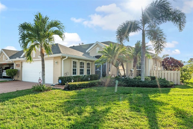 ranch-style house with a garage and a front yard