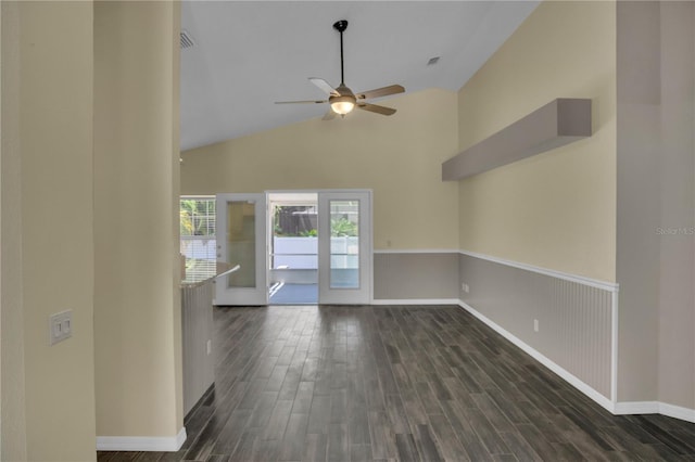 interior space featuring high vaulted ceiling, dark hardwood / wood-style floors, and ceiling fan