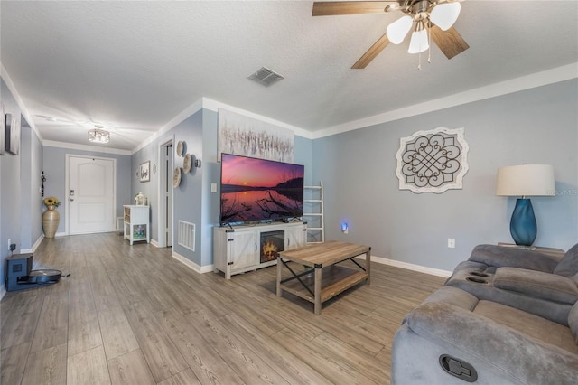 living room featuring a fireplace, light hardwood / wood-style floors, and a textured ceiling