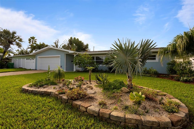 single story home featuring a garage and a front lawn