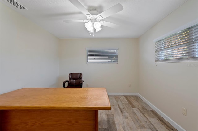 office featuring ceiling fan, a healthy amount of sunlight, and light wood-type flooring