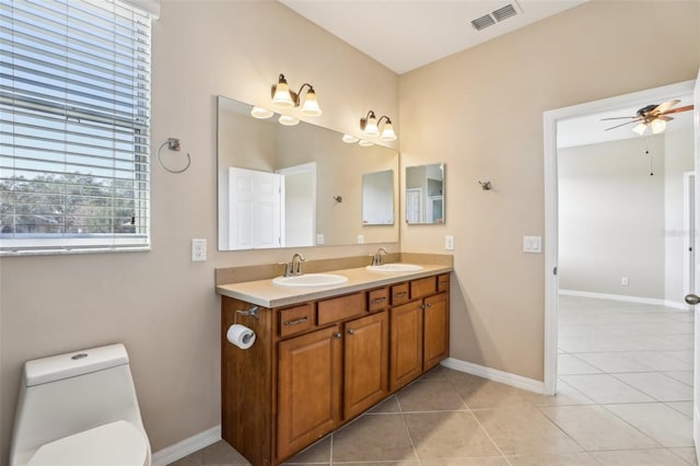 bathroom featuring ceiling fan, tile patterned floors, toilet, and vanity