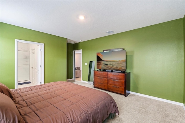 bedroom featuring light carpet, visible vents, and baseboards