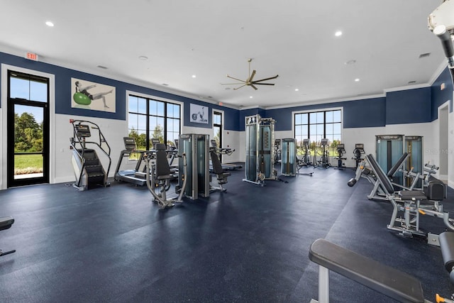 gym with baseboards, ornamental molding, visible vents, and recessed lighting