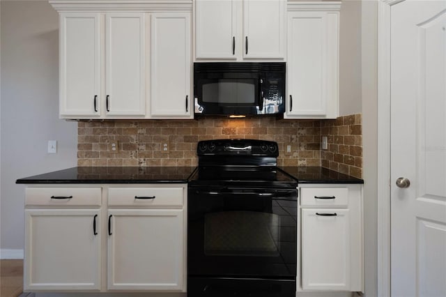 kitchen featuring white cabinetry, dark stone countertops, decorative backsplash, and black appliances