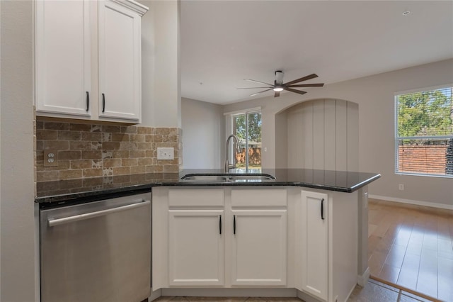 kitchen featuring white cabinetry, stainless steel dishwasher, kitchen peninsula, and sink