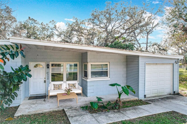 exterior space with a garage