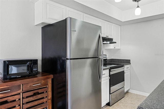 kitchen with white cabinetry, stainless steel appliances, and light tile patterned floors