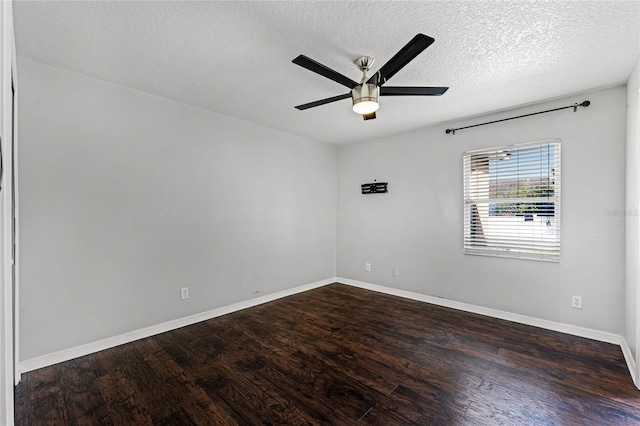 unfurnished room with dark hardwood / wood-style flooring, a textured ceiling, and ceiling fan