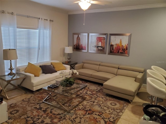 living room with ornamental molding and light tile patterned floors