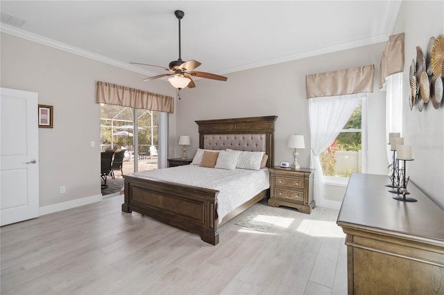 bedroom featuring ceiling fan, ornamental molding, light hardwood / wood-style flooring, and access to outside