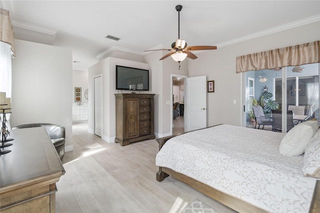 bedroom featuring ornamental molding, access to outside, ceiling fan, and light wood-type flooring