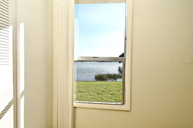 interior space with a water view