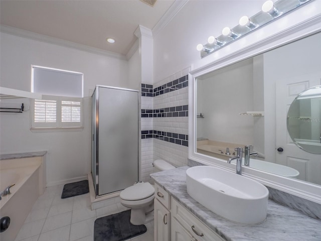 full bathroom featuring shower with separate bathtub, tile patterned flooring, vanity, toilet, and crown molding