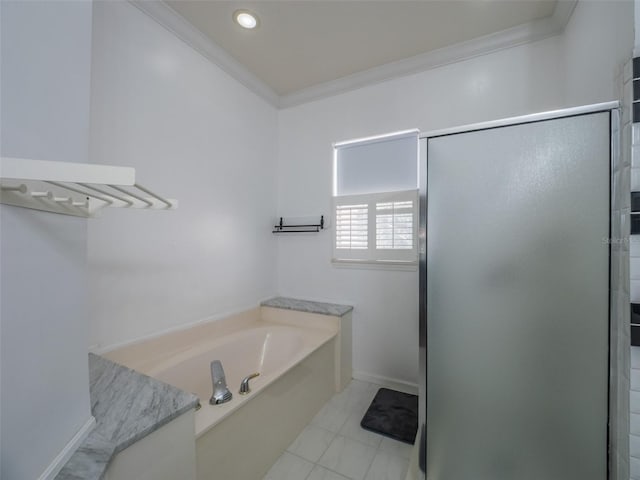 bathroom featuring tile patterned floors, ornamental molding, and separate shower and tub