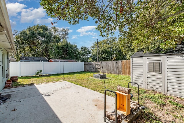 view of patio / terrace featuring a storage unit