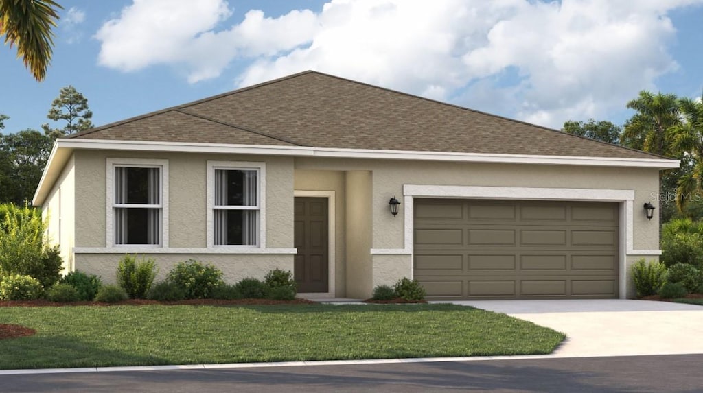 ranch-style home featuring a garage and a front lawn