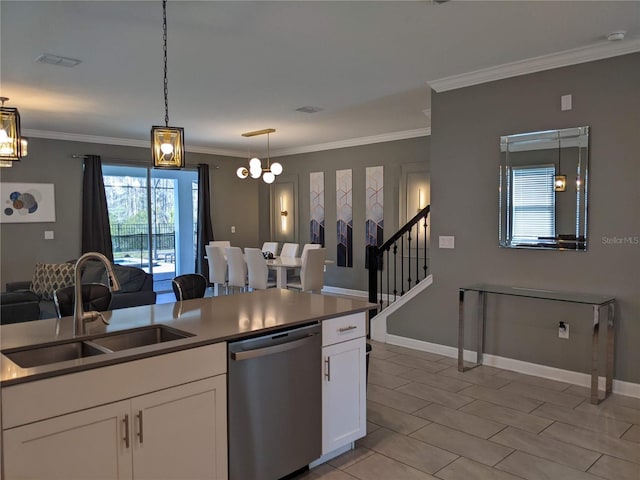 kitchen with decorative light fixtures, sink, white cabinets, stainless steel dishwasher, and crown molding