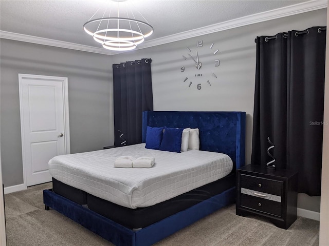 bedroom with crown molding and carpet flooring