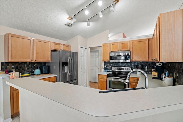 kitchen featuring tasteful backsplash, lofted ceiling, appliances with stainless steel finishes, and kitchen peninsula