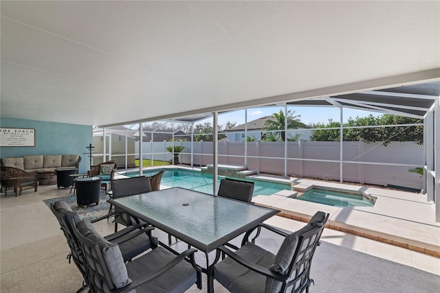 exterior space featuring a swimming pool with hot tub, a storage shed, outdoor lounge area, and glass enclosure