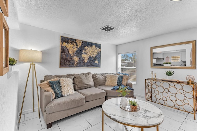 living room featuring a textured ceiling