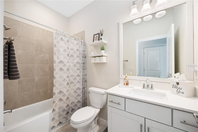 full bathroom featuring vanity, shower / bath combination with curtain, and toilet