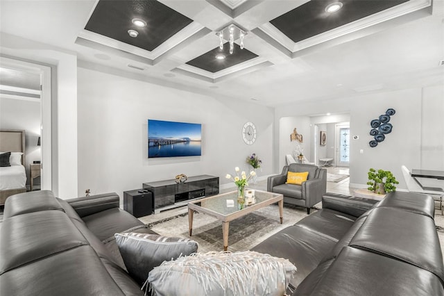 living room featuring coffered ceiling and beam ceiling