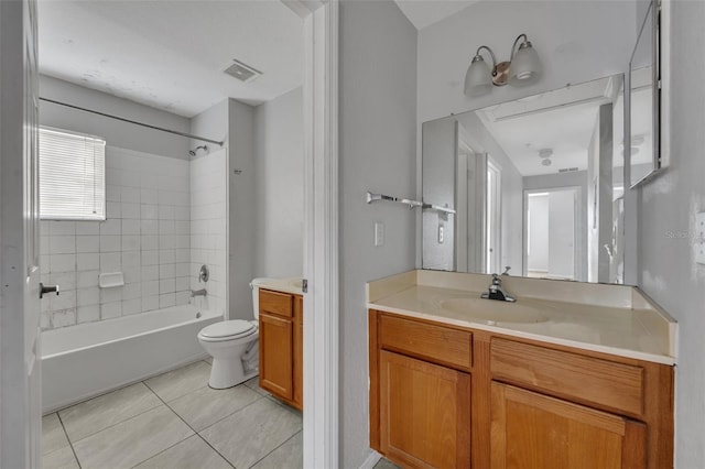 full bathroom featuring vanity, tile patterned flooring, toilet, and tiled shower / bath combo