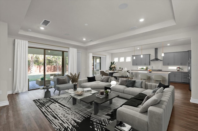 living room with dark hardwood / wood-style flooring, plenty of natural light, and a raised ceiling