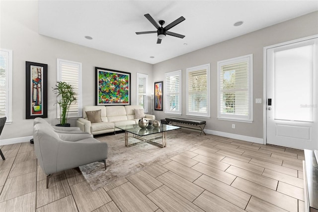 living room with ceiling fan