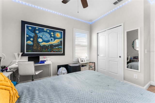 bedroom with a closet and ceiling fan