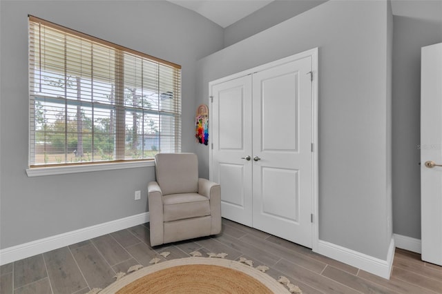 living area with vaulted ceiling