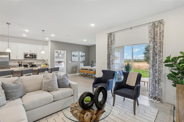 living room featuring light tile patterned floors