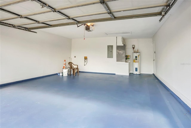 garage featuring a garage door opener, electric water heater, heating unit, and electric panel