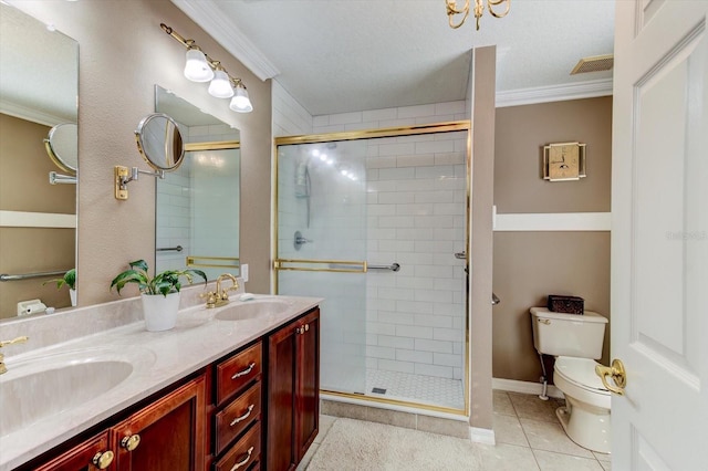 bathroom with ornamental molding, walk in shower, tile patterned floors, and toilet