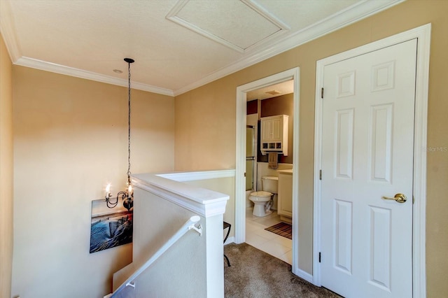 hall featuring crown molding and carpet floors