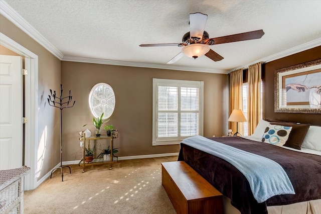 carpeted bedroom featuring crown molding, ceiling fan, and a textured ceiling