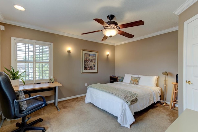 bedroom with ornamental molding, light colored carpet, and ceiling fan