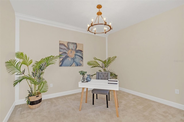 office featuring ornamental molding, light carpet, and a notable chandelier