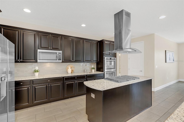 kitchen featuring dark brown cabinets, stainless steel appliances, a kitchen island, and island range hood