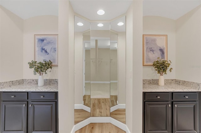 bathroom with hardwood / wood-style flooring and vanity