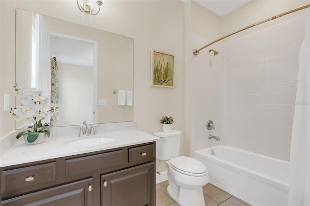 full bathroom with tile patterned flooring, vanity, shower / tub combo, and toilet