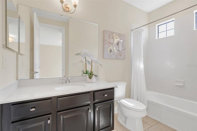 full bathroom featuring tile patterned floors, toilet, shower / tub combo, and vanity