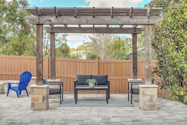 view of patio / terrace with an outdoor hangout area and a pergola