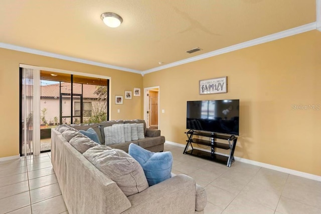 tiled living room featuring ornamental molding