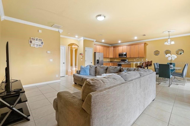 tiled living room featuring ornamental molding